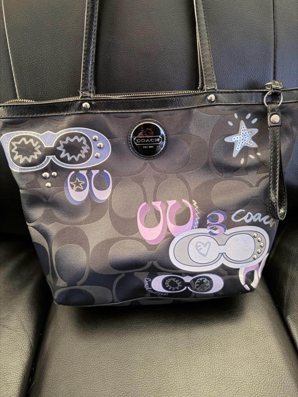 Coach Black Signature Tote with Purple and Pink Accents - Picture 2 of 8